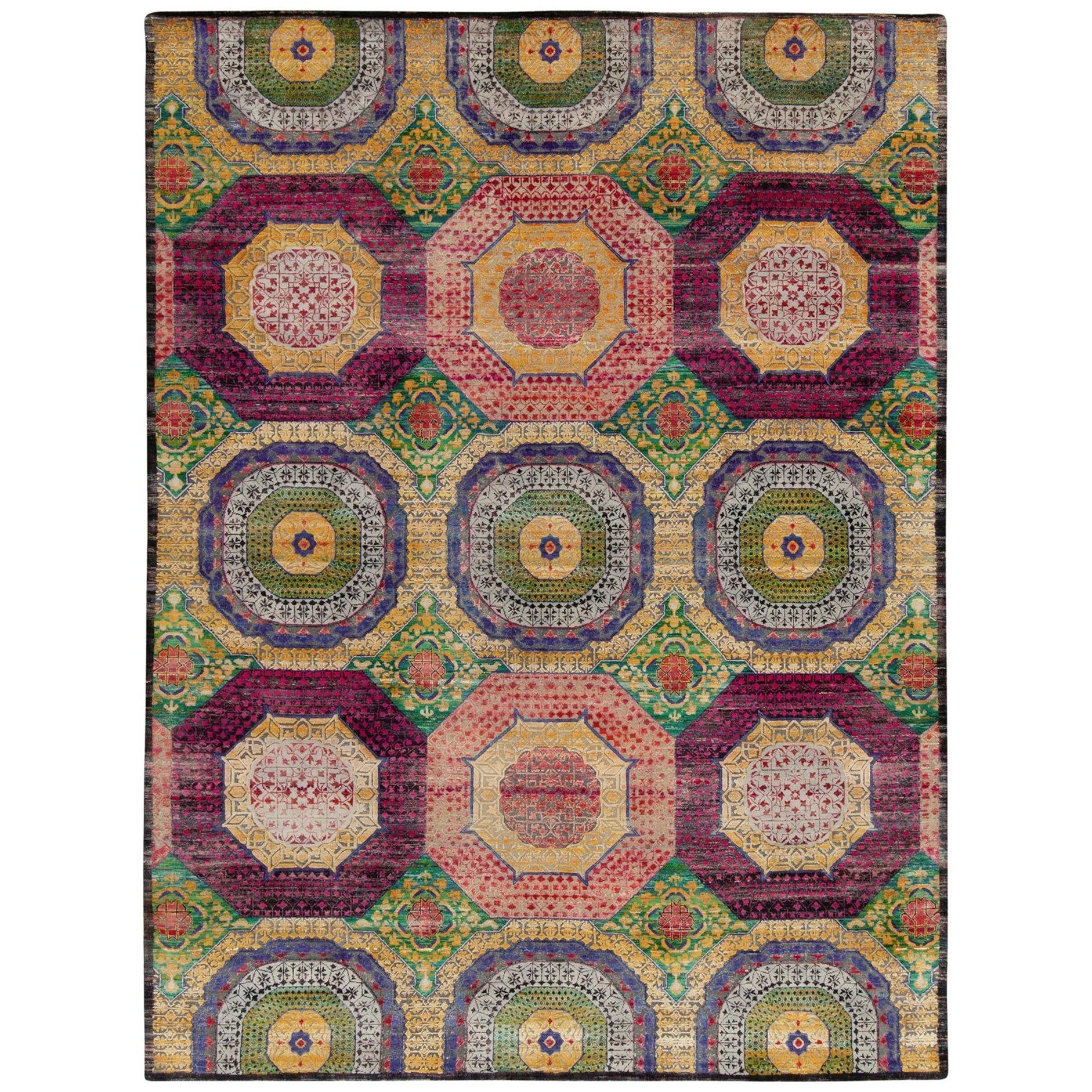 17th Century Classic Style Rug in Gold, Purple and Blue Medallion Patterns