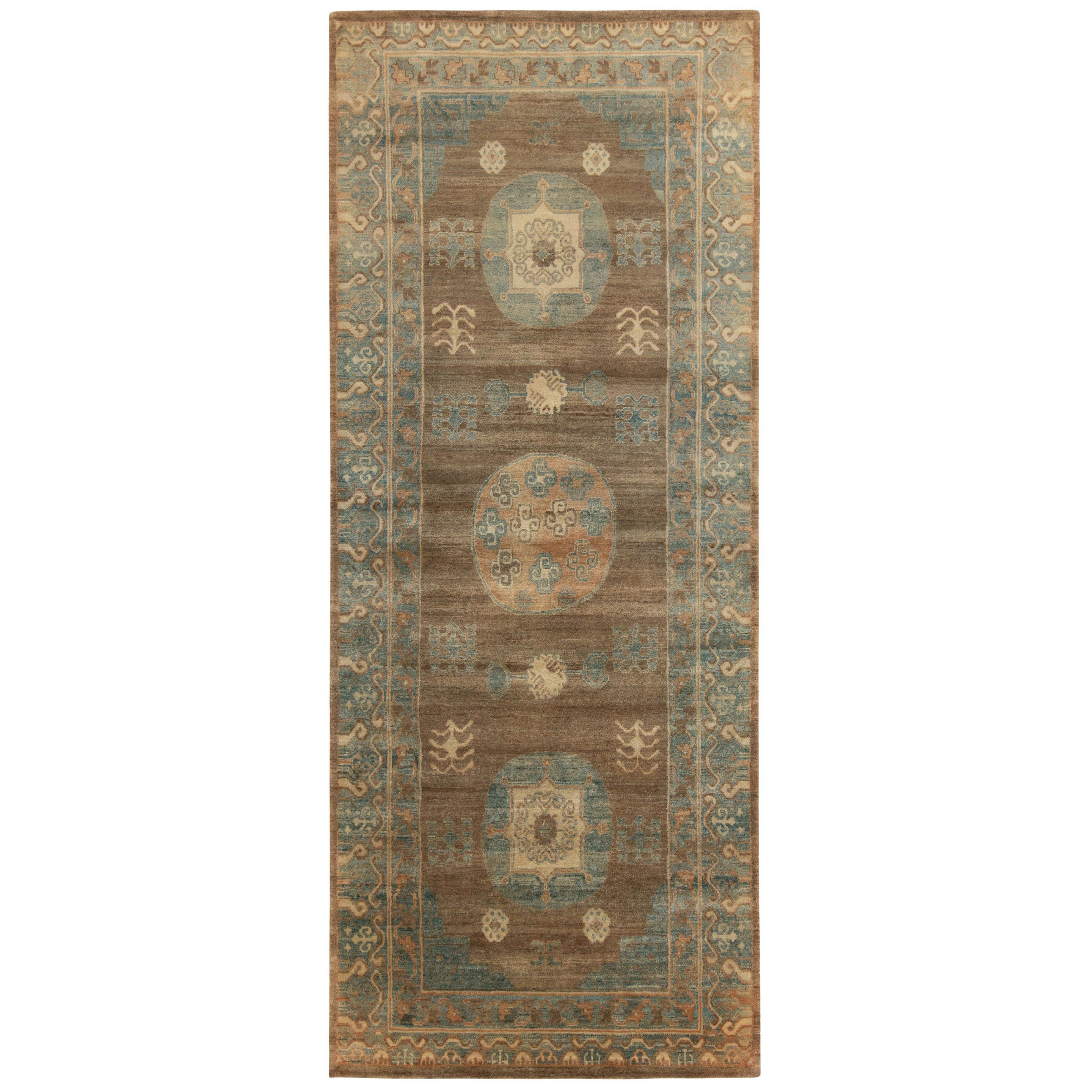 Rug & Kilim’s Khotan Samarkand Style Rug in Beige-Brown and Blue Medallion Style For Sale