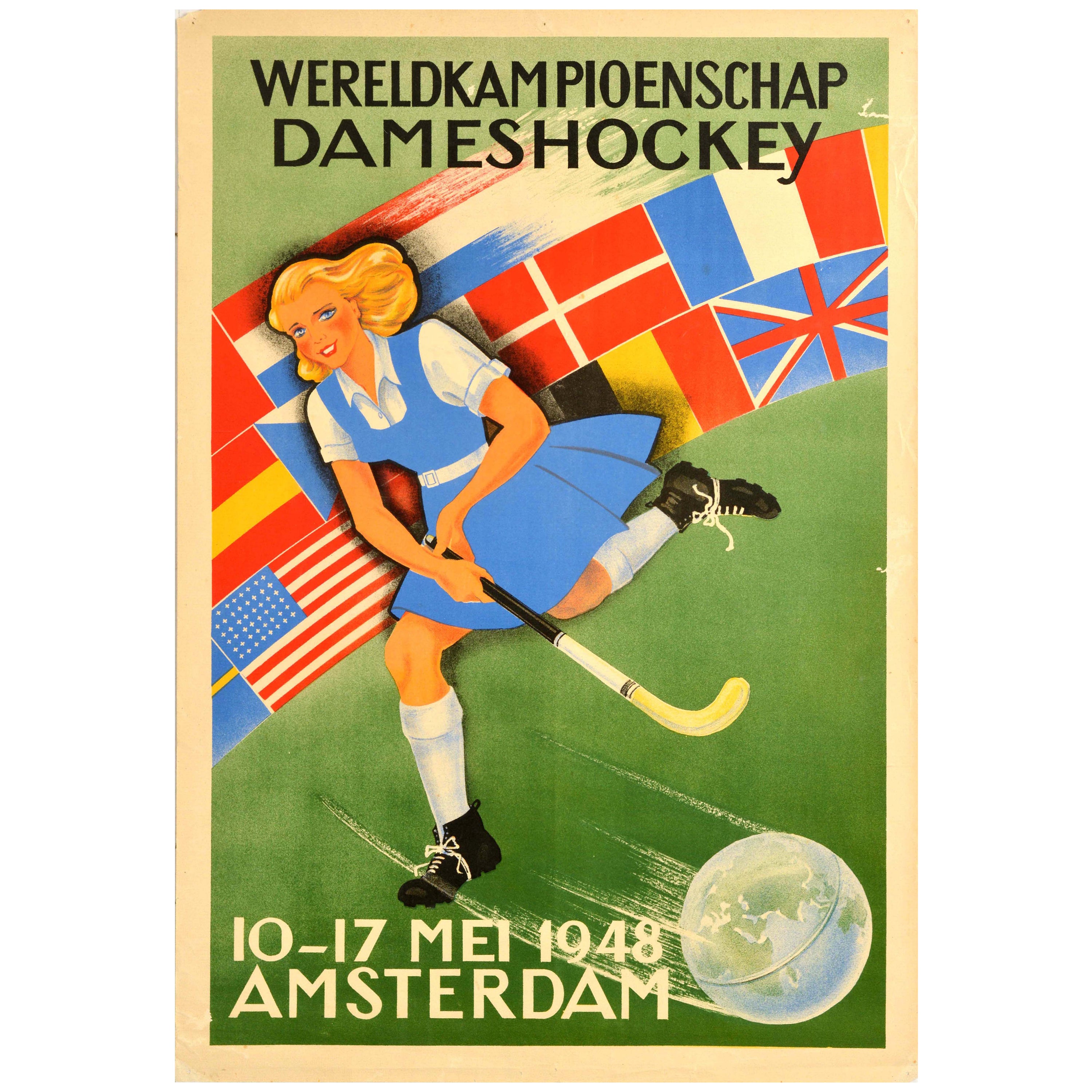 Original-Vintage-Sportplakat Dameshockey Damen Hockey Weltmeisterschaft 1948