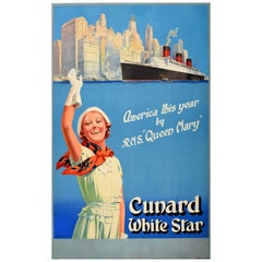 Original Vintage Kreuzfahrt-Reiseplakat Cunard White Star America RMS Queen Mary, RMS Queen Mary, Original