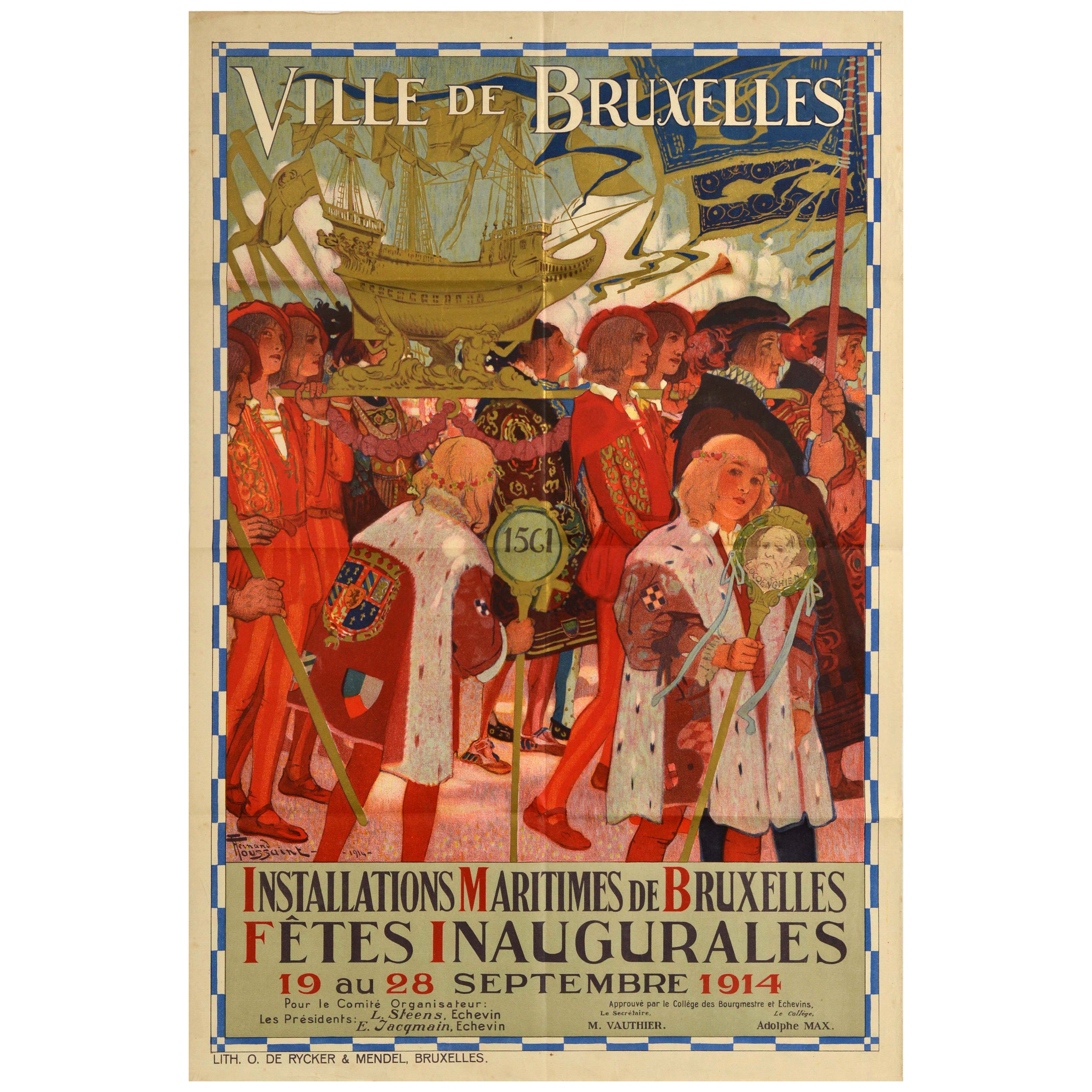 Original Antique Poster Brussels Maritime Installations Inaugural Celebrations