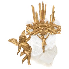 Sculptural 18th Century Italian Gilded Angel and Sunrays on Selenite Crystal