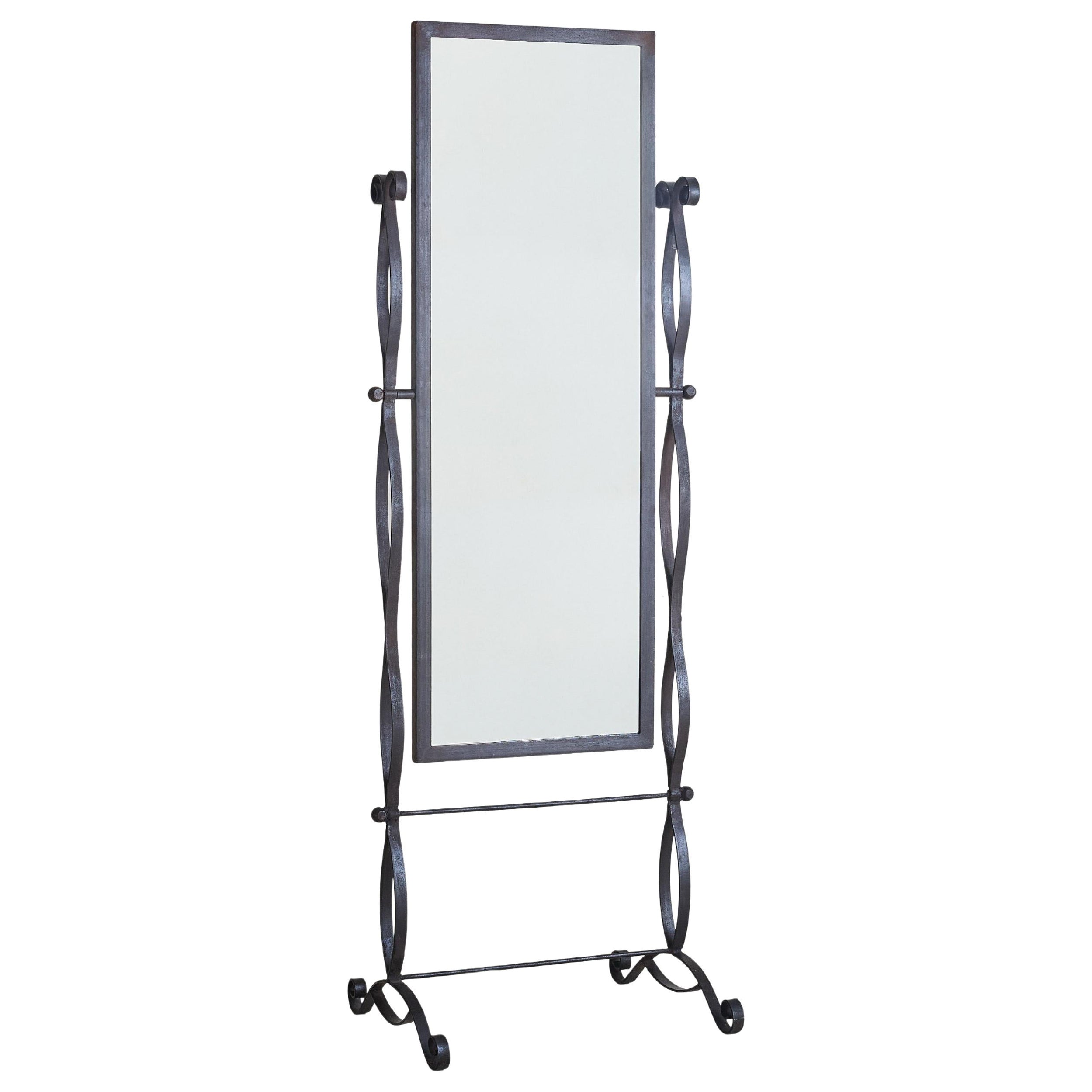 Französischer Schwarzer Eisen Cheval Standing Floor Mirror, 1950er Jahre