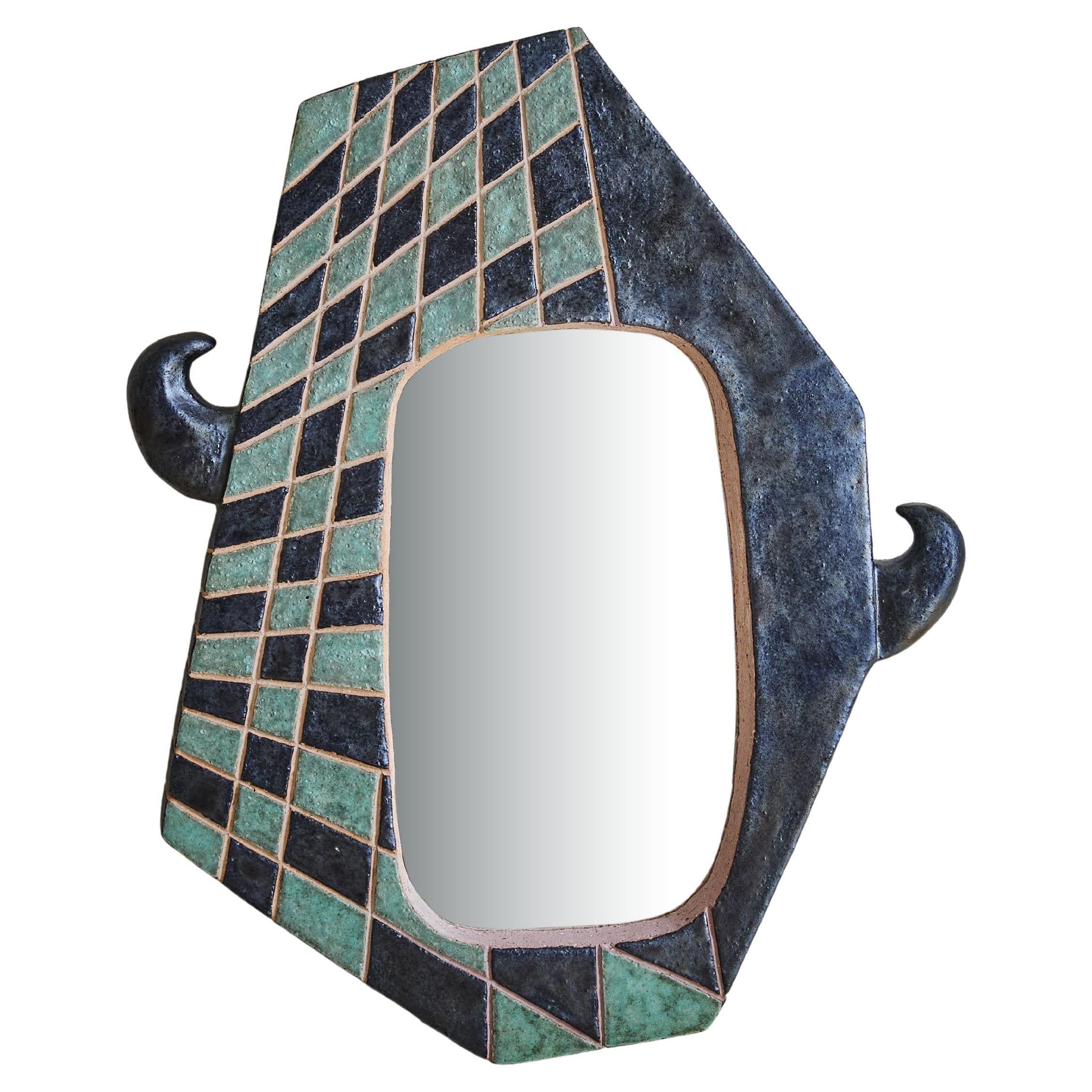 Contemporary French Ink Blue + Turquoise Ceramic Mirror with Horns by Nathalie For Sale