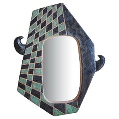 Contemporary French Ink Blue + Turquoise Ceramic Mirror with Horns by Nathalie