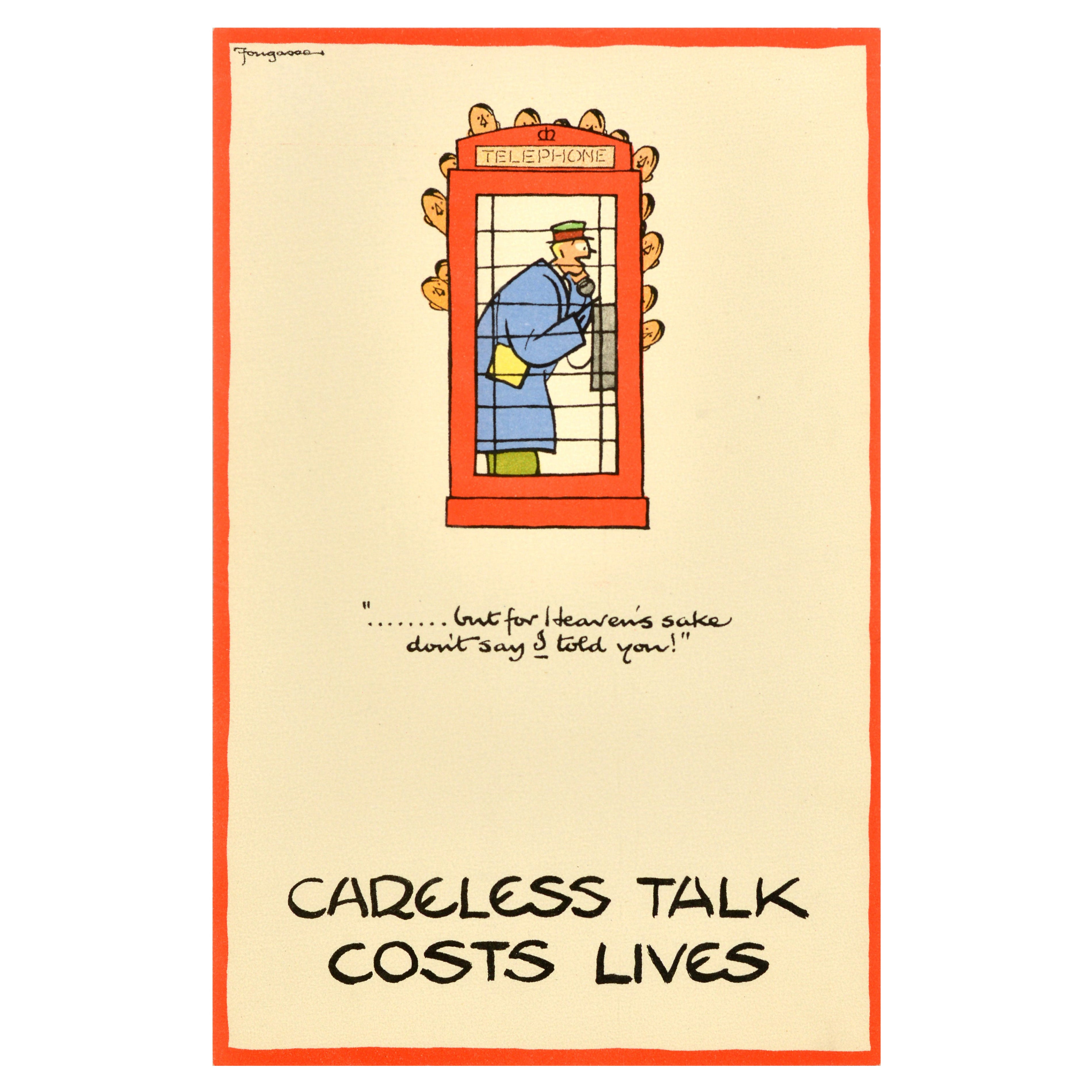 Original Vintage War Poster Careless Talk Costs Lives Phone Booth Fougasse WWII