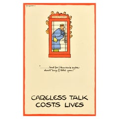 Original Vintage War Poster Careless Talk Costs Lives Phone Booth Fougasse WWII