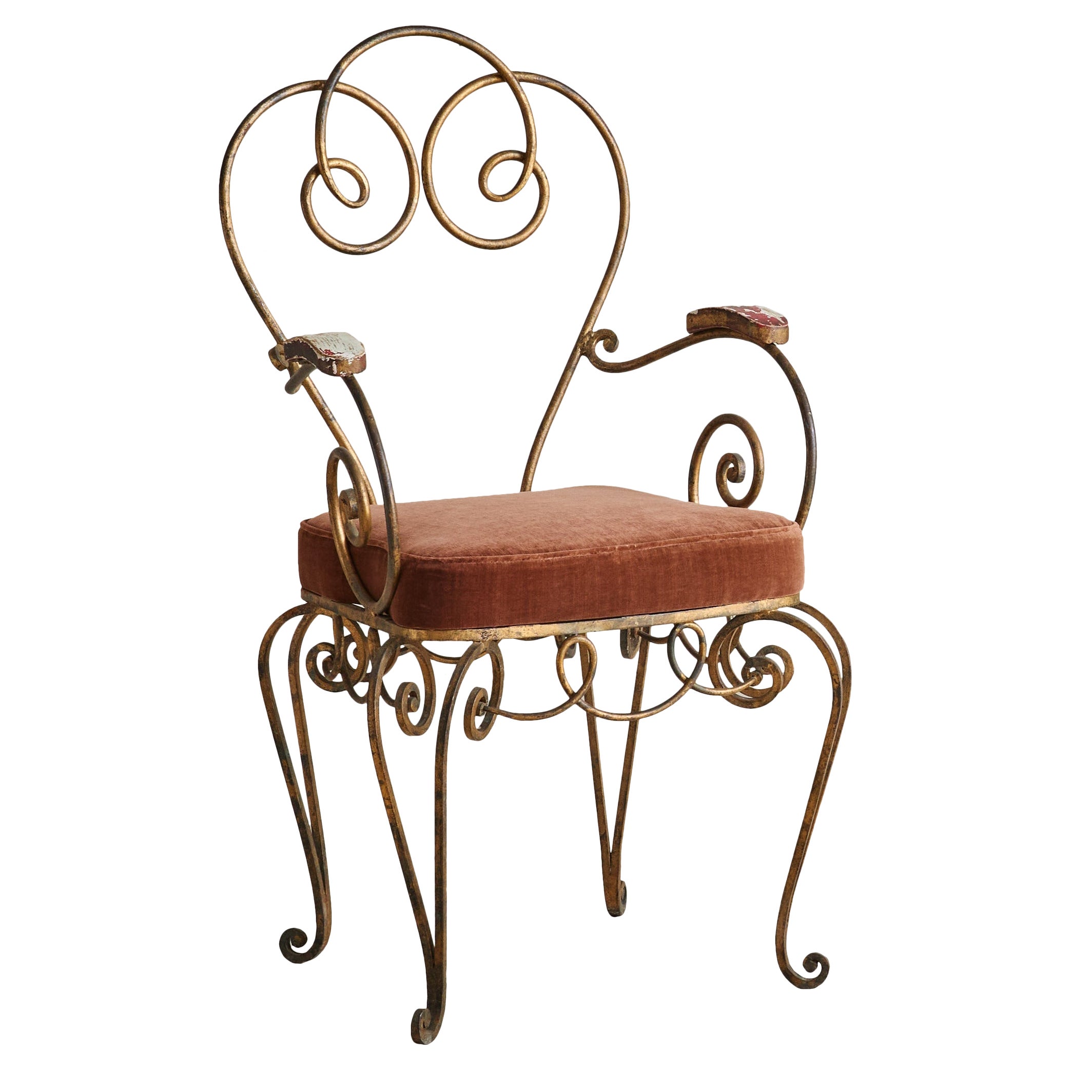 French René Gabriel Style Wrought Iron Accent Chair in Rust Velvet, 1940s
