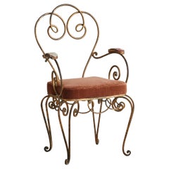 French René Gabriel Style Wrought Iron Accent Chair in Rust Velvet, 1940s