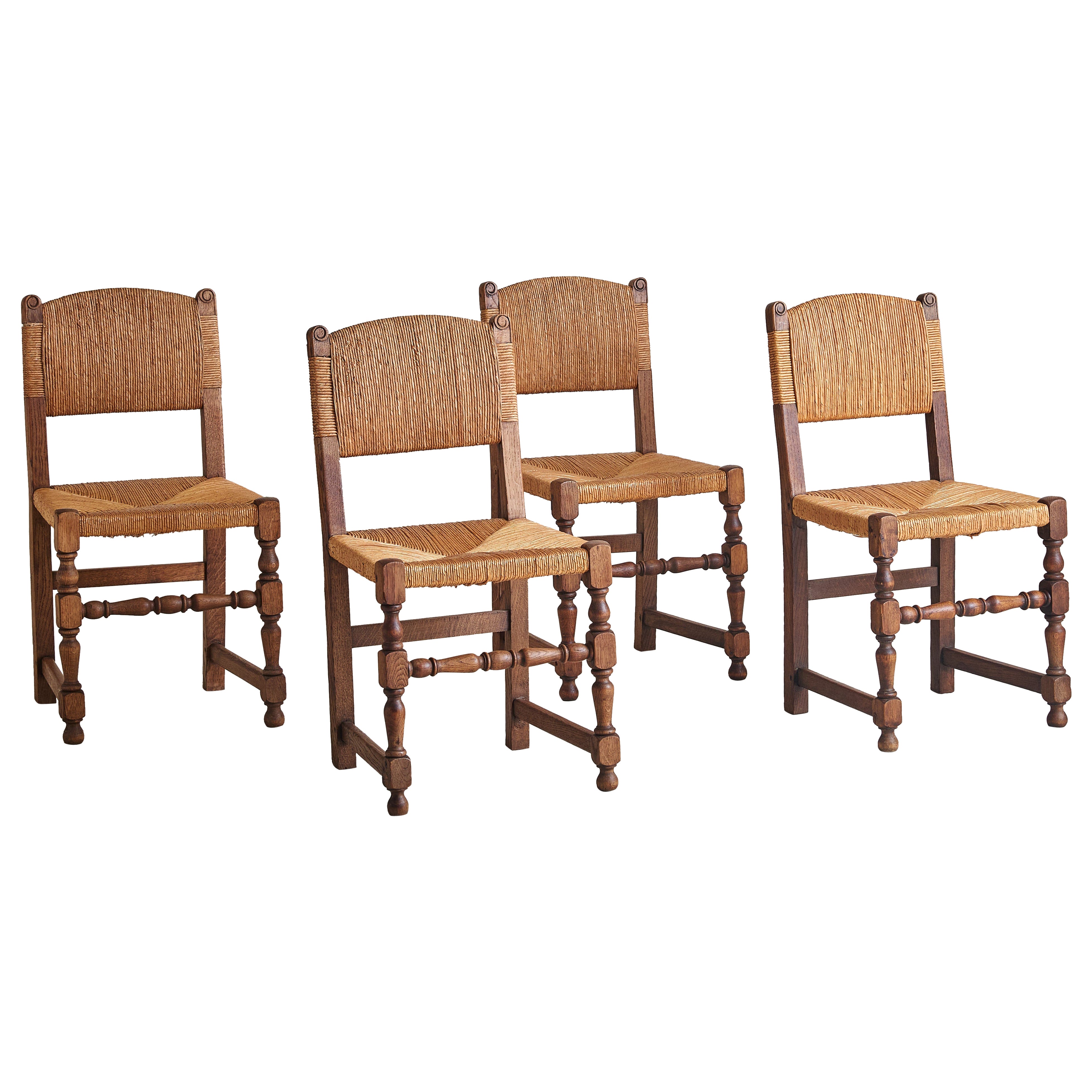 Set of 4 French Rush + Oak Dining Chairs, 1940s For Sale