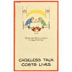 Original Used War Poster Careless Talk Costs Lives No Harm Restaurant WWII