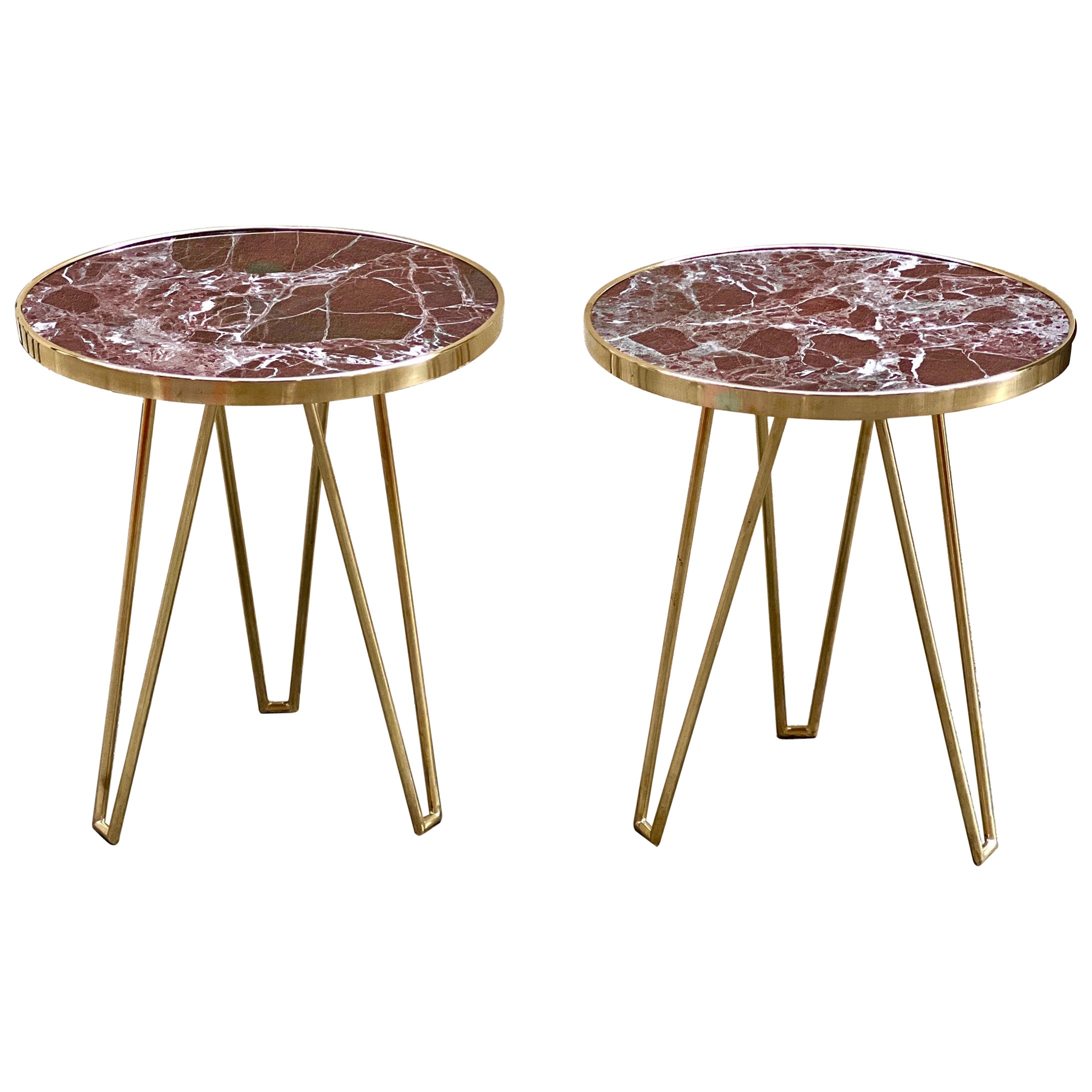 Pair of Red Levanto Marble Round Side/End Tables with Brass Structure 1980 en vente