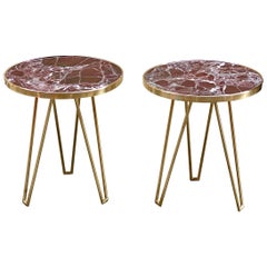 Pair of Red Levanto Marble Round Side/End Tables with Brass Structure 1980
