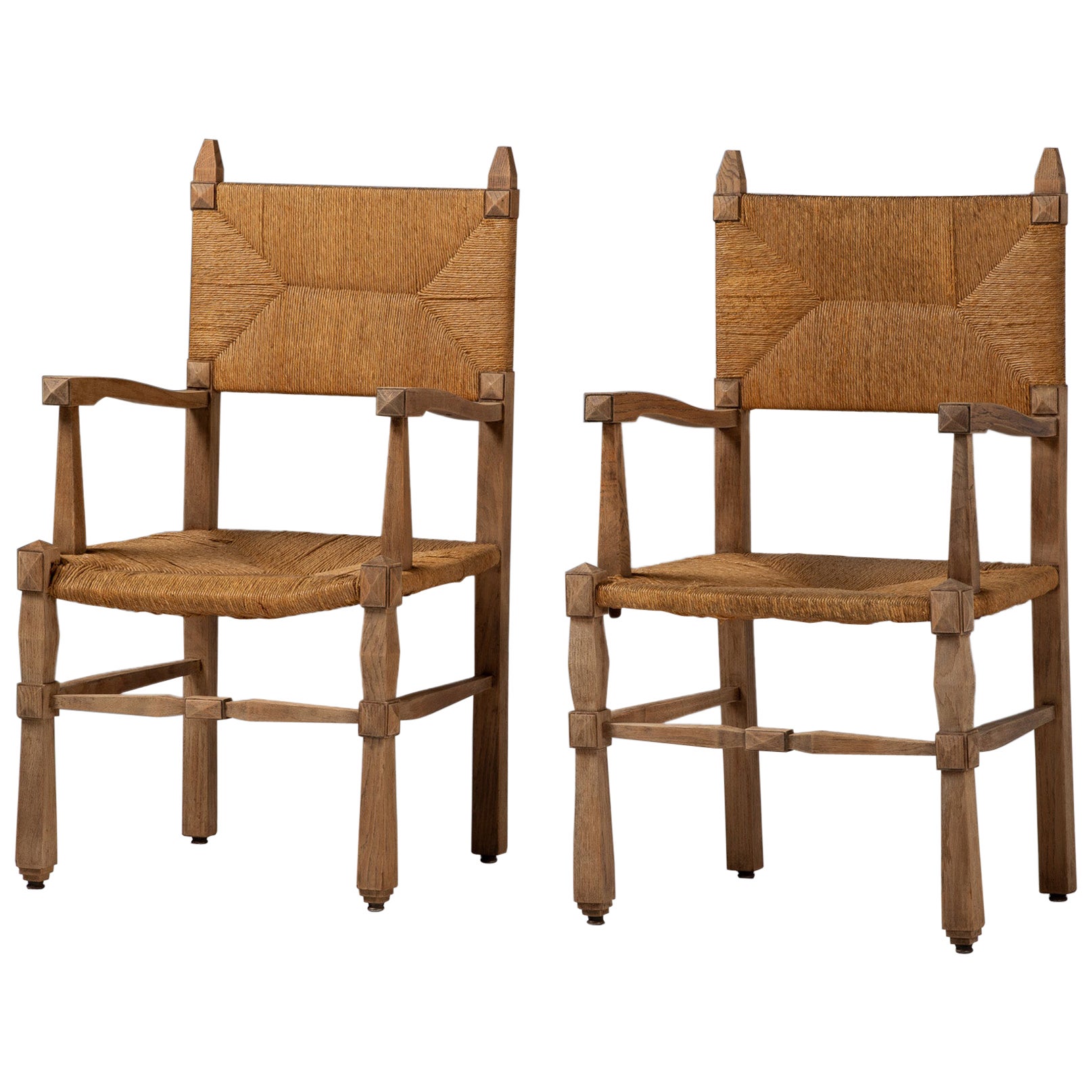Pair of Armchairs in Carved Oak and Rush, France, 1950s