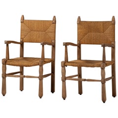Pair of Armchairs in Carved Oak and Rush, France, 1950s