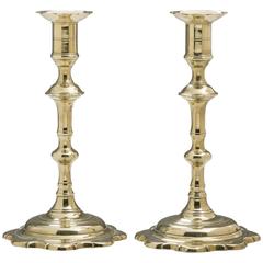 Pair of English Brass Scalloped with Pointed Edge Base Candlesticks 18th Century