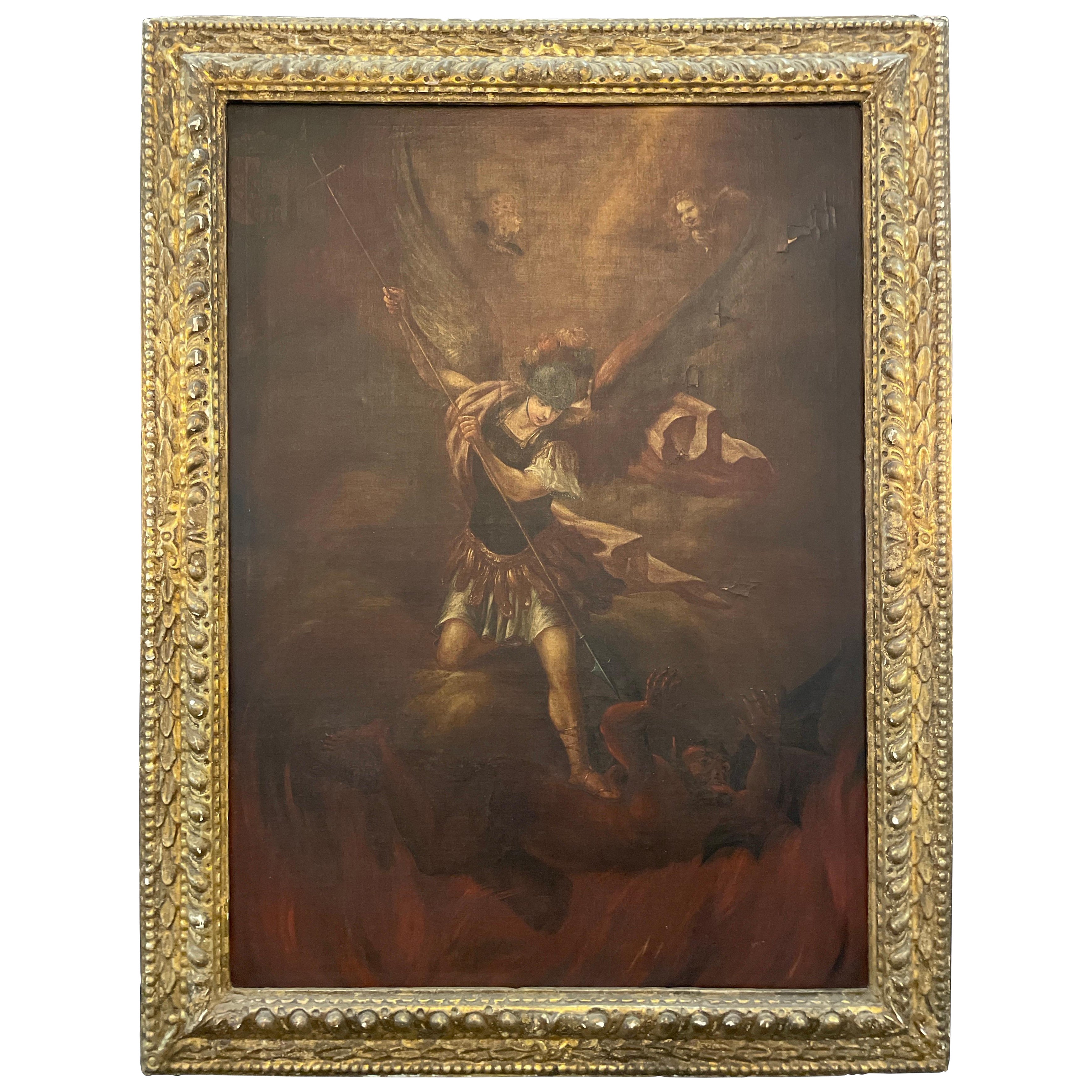 Spanisches Ölgemälde auf Leinwand aus dem 18. Jahrhundert von Sankt Michael, der den Dämon tötet im Angebot
