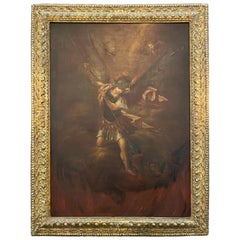 Spanisches Ölgemälde auf Leinwand aus dem 18. Jahrhundert von Sankt Michael, der den Dämon tötet