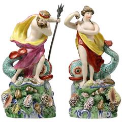 Antique Staffordshire Pottery Pair Figures Venus and Neptune, Early 19th Century