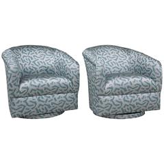 Retro Amazing Pair of 1970s Silver Metallic Jacquard Swivel Bucket Chairs