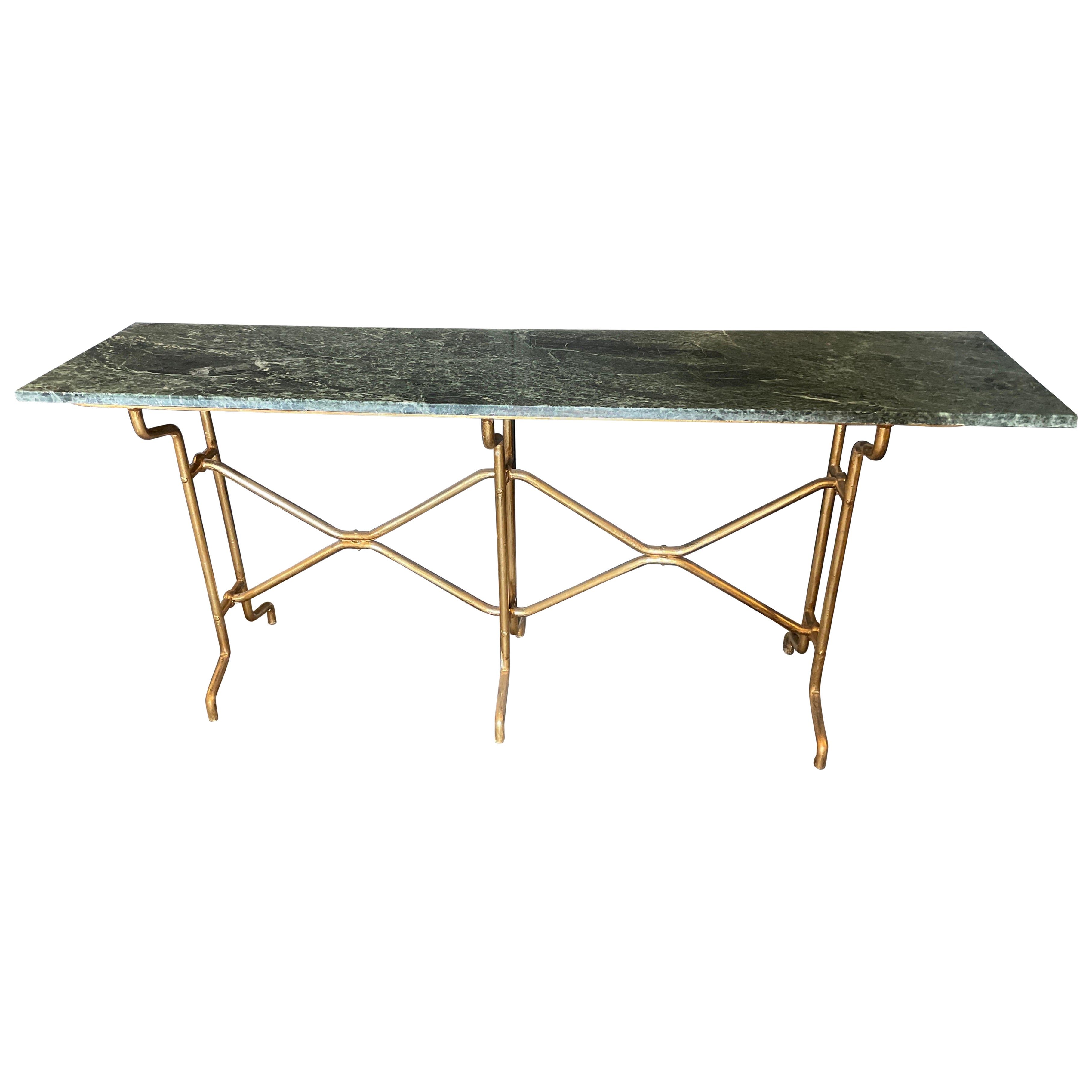 Italian 20th Century Giovanni Banci Hammered Gilt Iron Console With Marble Top. For Sale