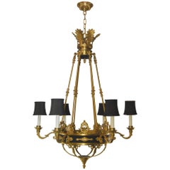 French Empire Style Six-Arm Chandelier in Gold Dore Bronze and Black Tole Accent