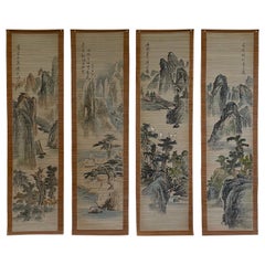 Set of 4 Early 20th Century Japanese Hand Painted Split Bamboo Scrolls
