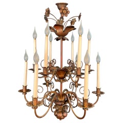 Tall Gilt Metal 2 Tiers Chandelier with 12 Lights in the Style of Maison Baguès