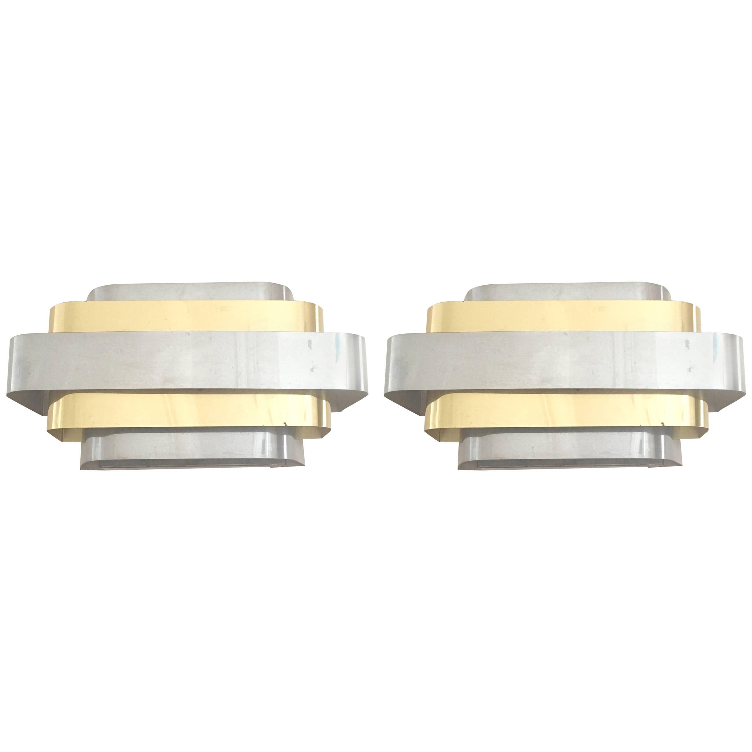 Pair of 1970s Paul Evans Style Chrome and Brass Sconces For Sale
