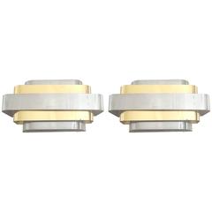 Pair of 1970s Paul Evans Style Chrome and Brass Sconces