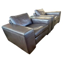 Pair of Matching Black Pebbled Italian Leather Mid Century Style Lounge Chairs