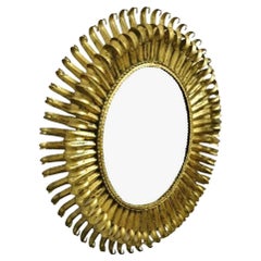 Vintage Italian Hollywood Regency Gold Gilt Iron 24" Oval Sunburst Wall Mirror