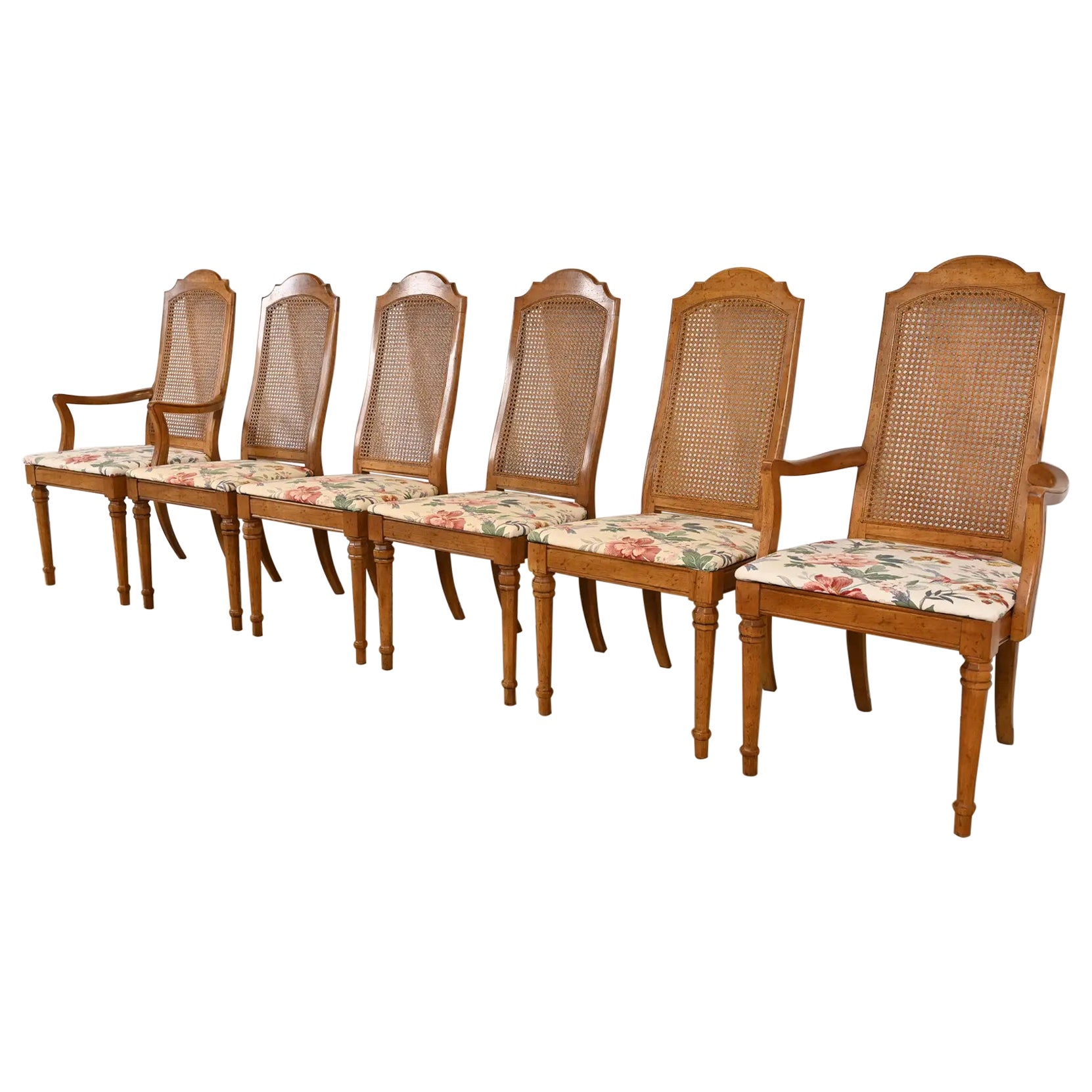 Drexel French Regency Louis XVI Carved Walnut and Cane Back Dining Chairs, Six