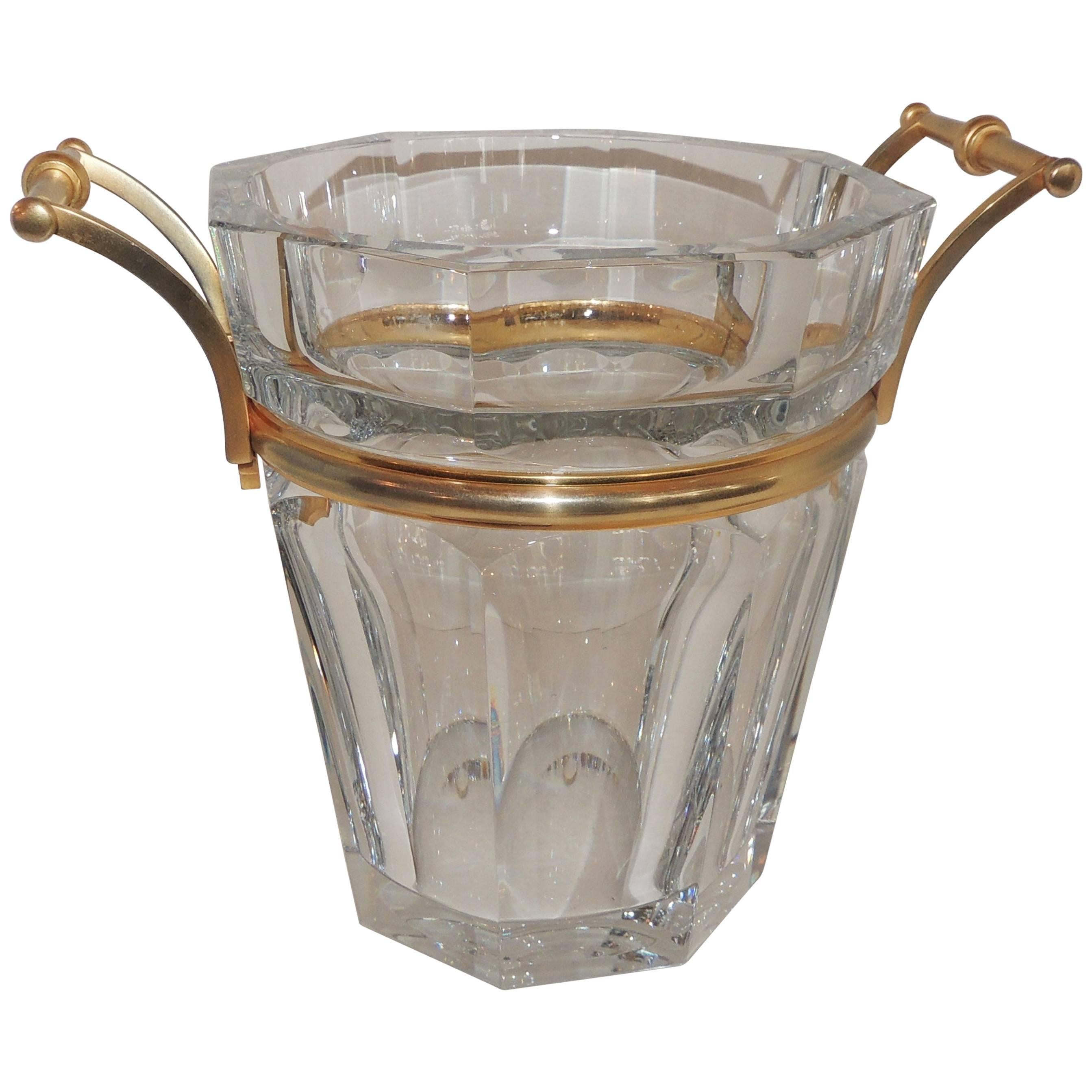 Wonderful French Signed Baccarat Crystal Champagne Ice Bucket Gilt Bronze Handle