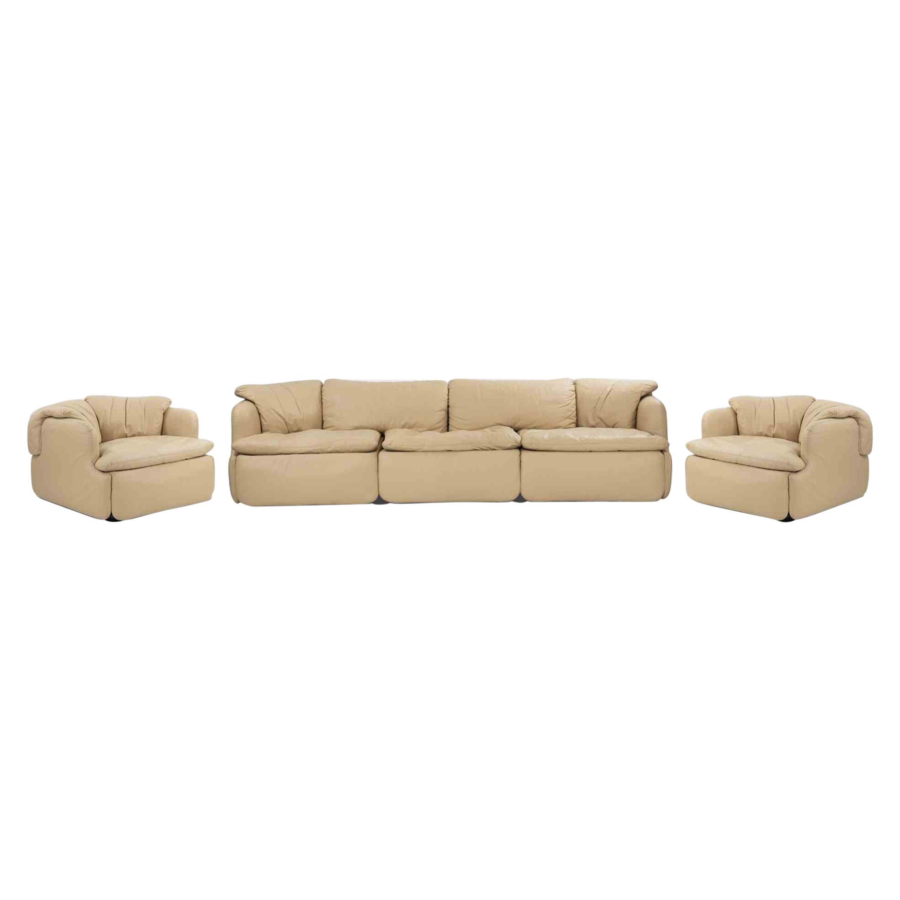 Vintage Leather Sofa Set "Confidential" by  A. Rosselli for Sapori, italy, 1970s For Sale