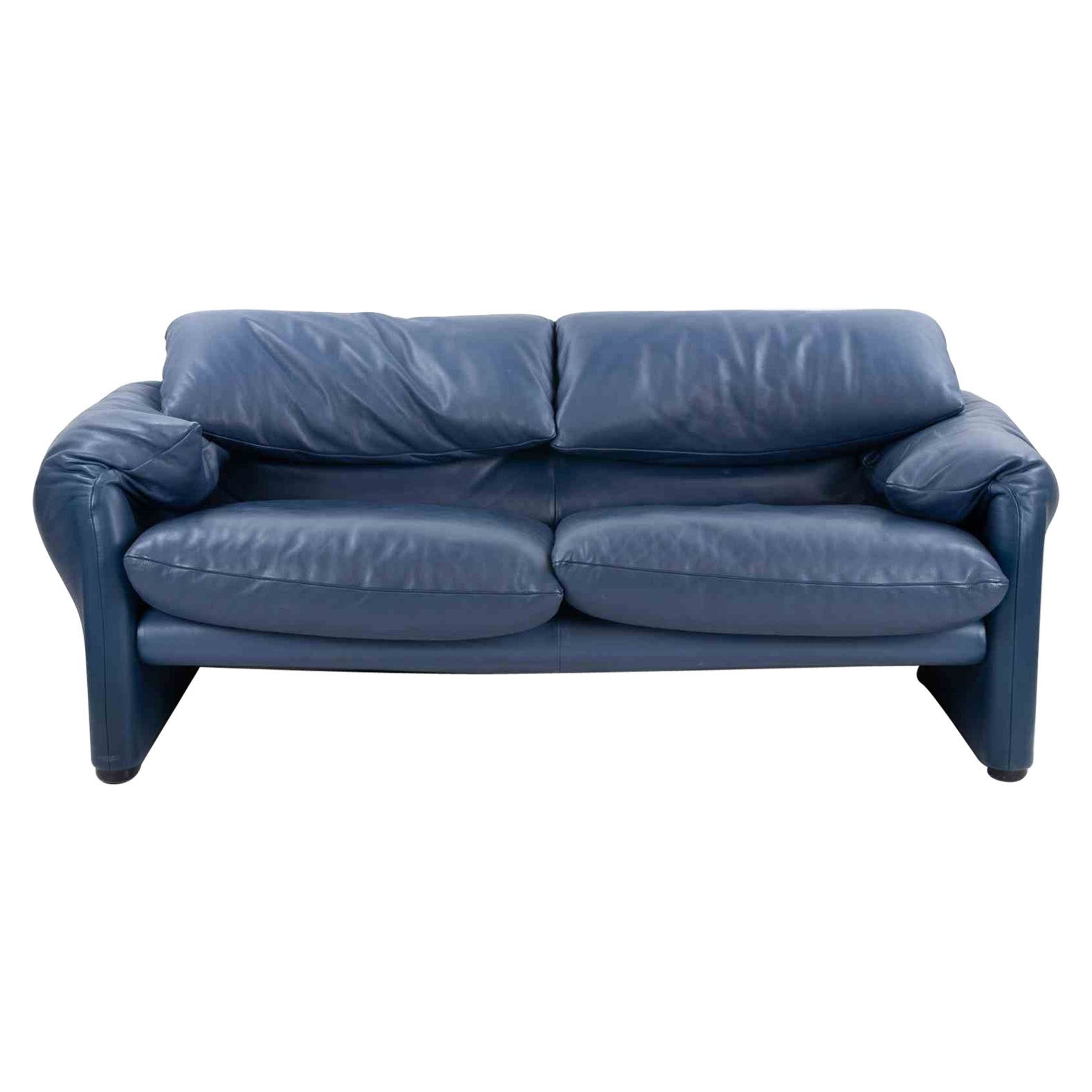"Maralunga" Two Seater Blue Leather Sofa by Vico Magistretti for Cassina, 1970s