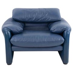 Vintage Maralunga Blue Leather Armchair by Vico Magistretti for Cassina, 1970s