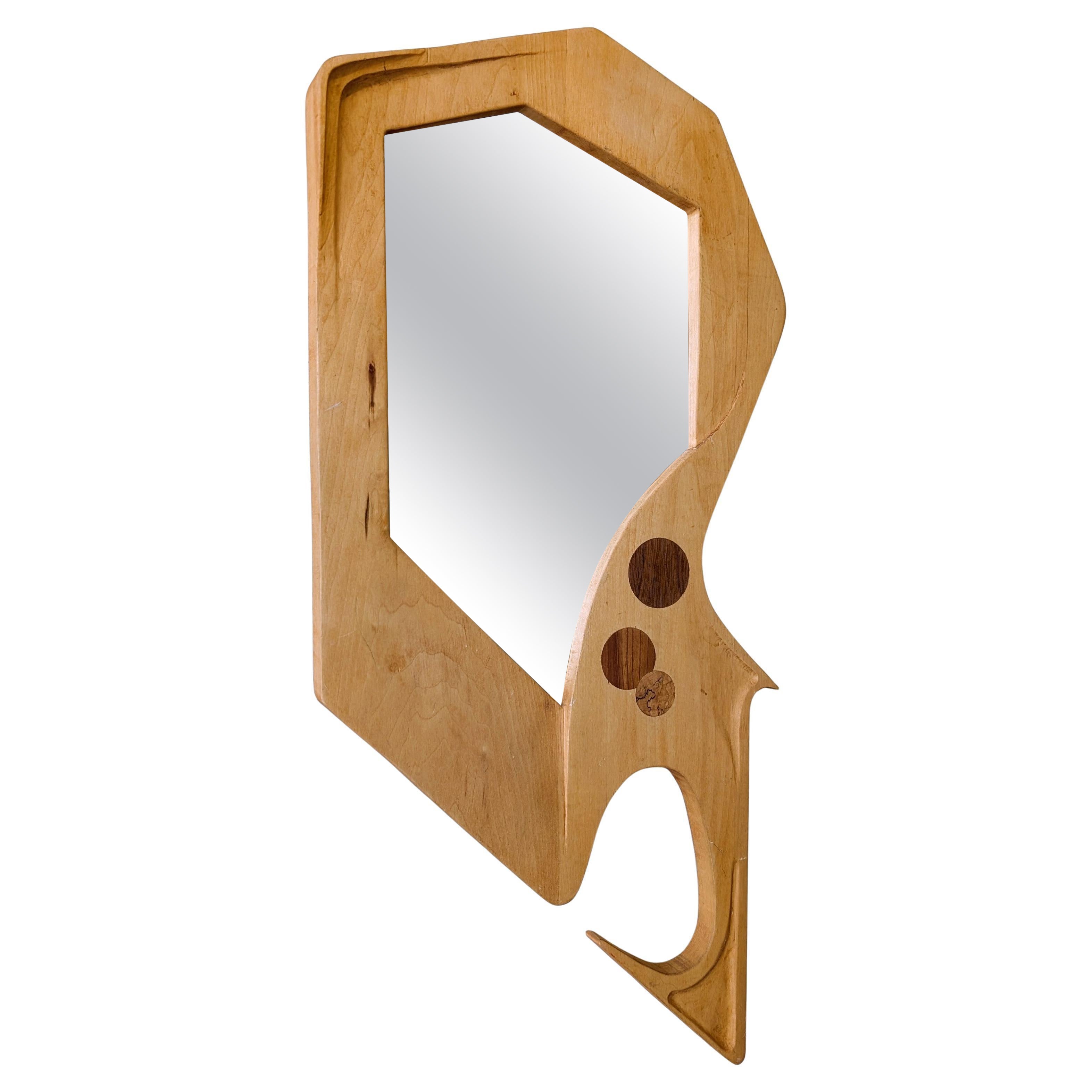 Insolite miroir vintage en bois sculpté et incrusté, fait à la main en studio.