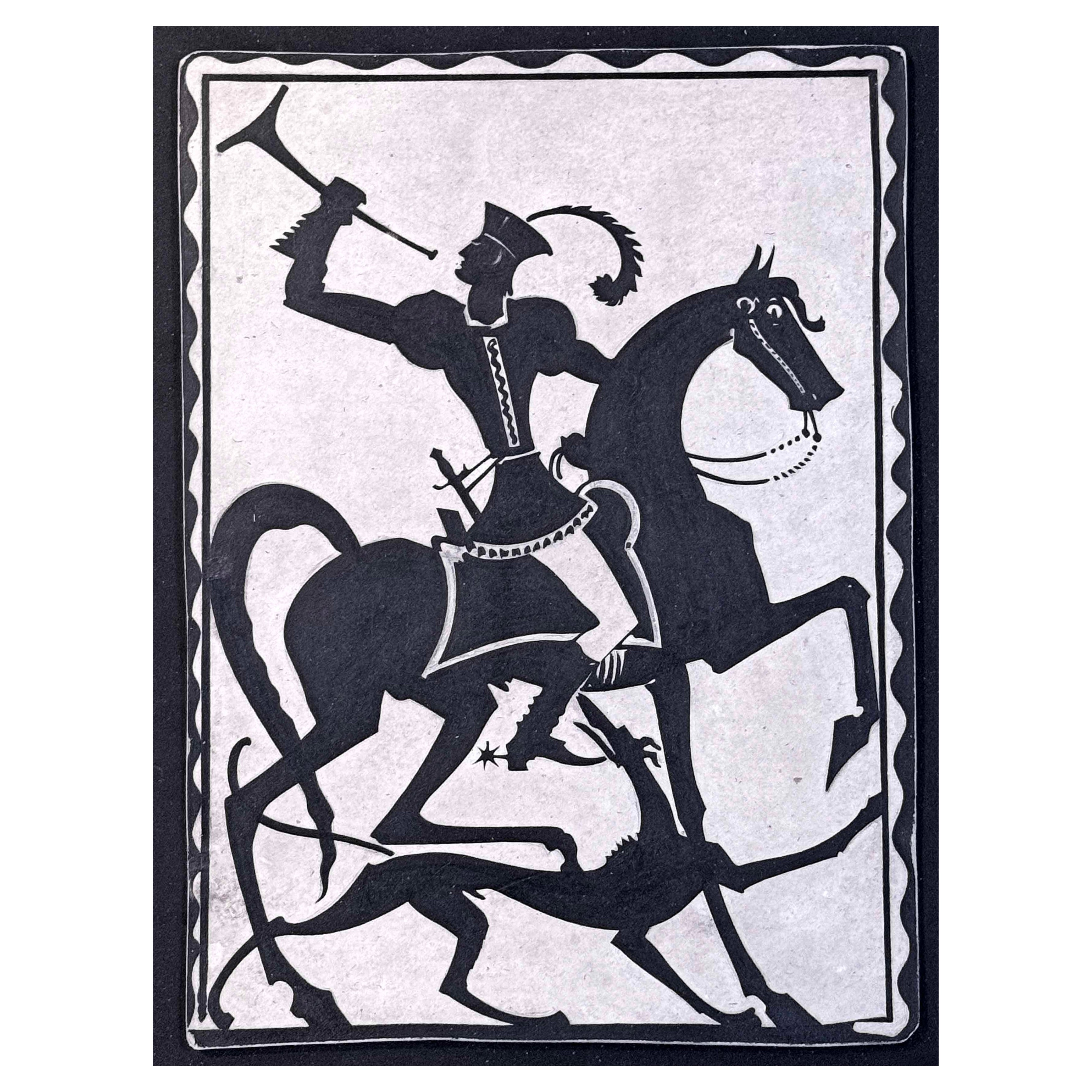 "Heraldo a caballo con sabueso", Dibujo Art Decó de alto estilo, W. H. Diederich