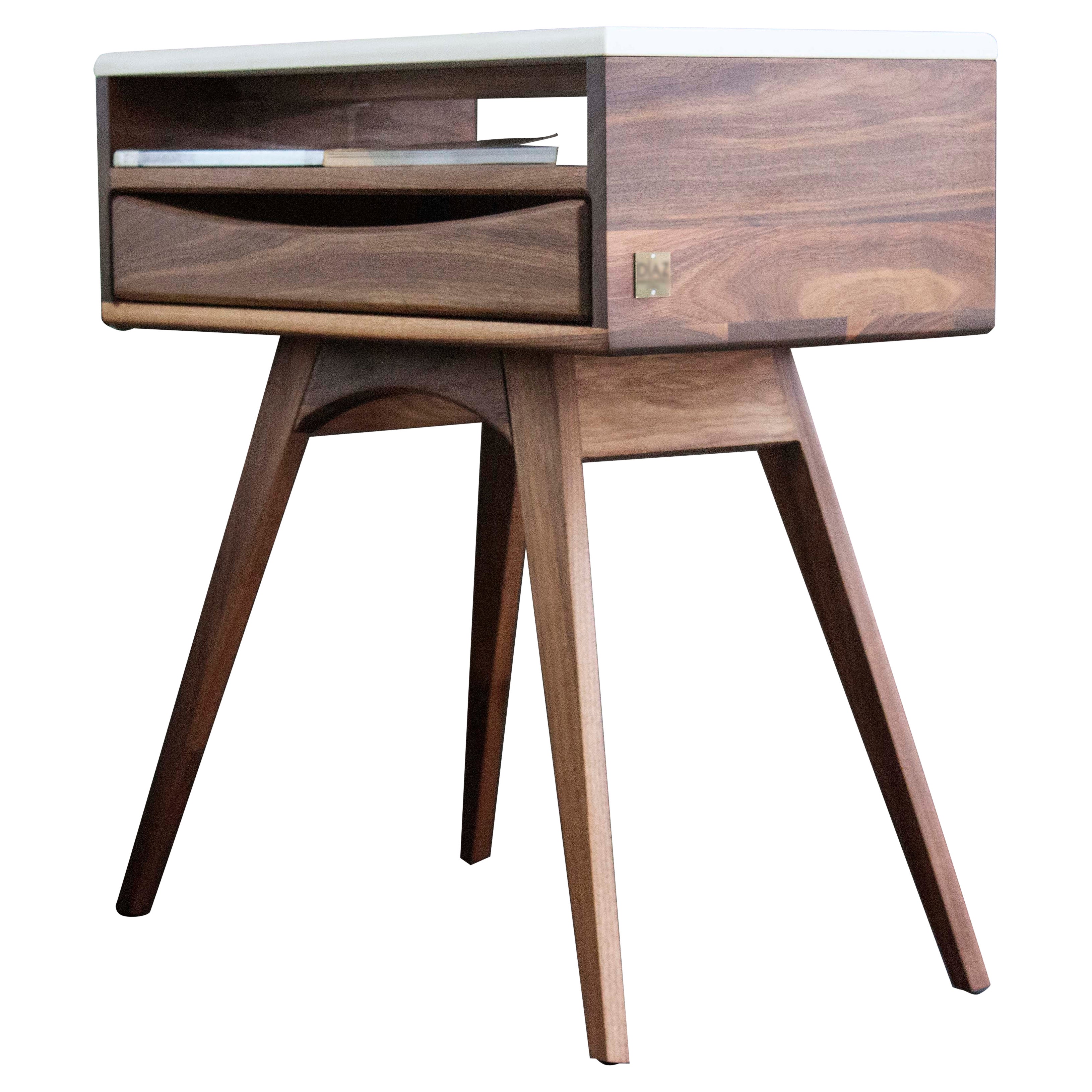 Bespoke Nightstand in Walnut & White Porcelain – Mid-Century Inspired, Timeless For Sale