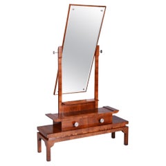 Antique Restored Art Deco Dressing Mirror, Walnut, Nickel, Glass, Czech, 1920s