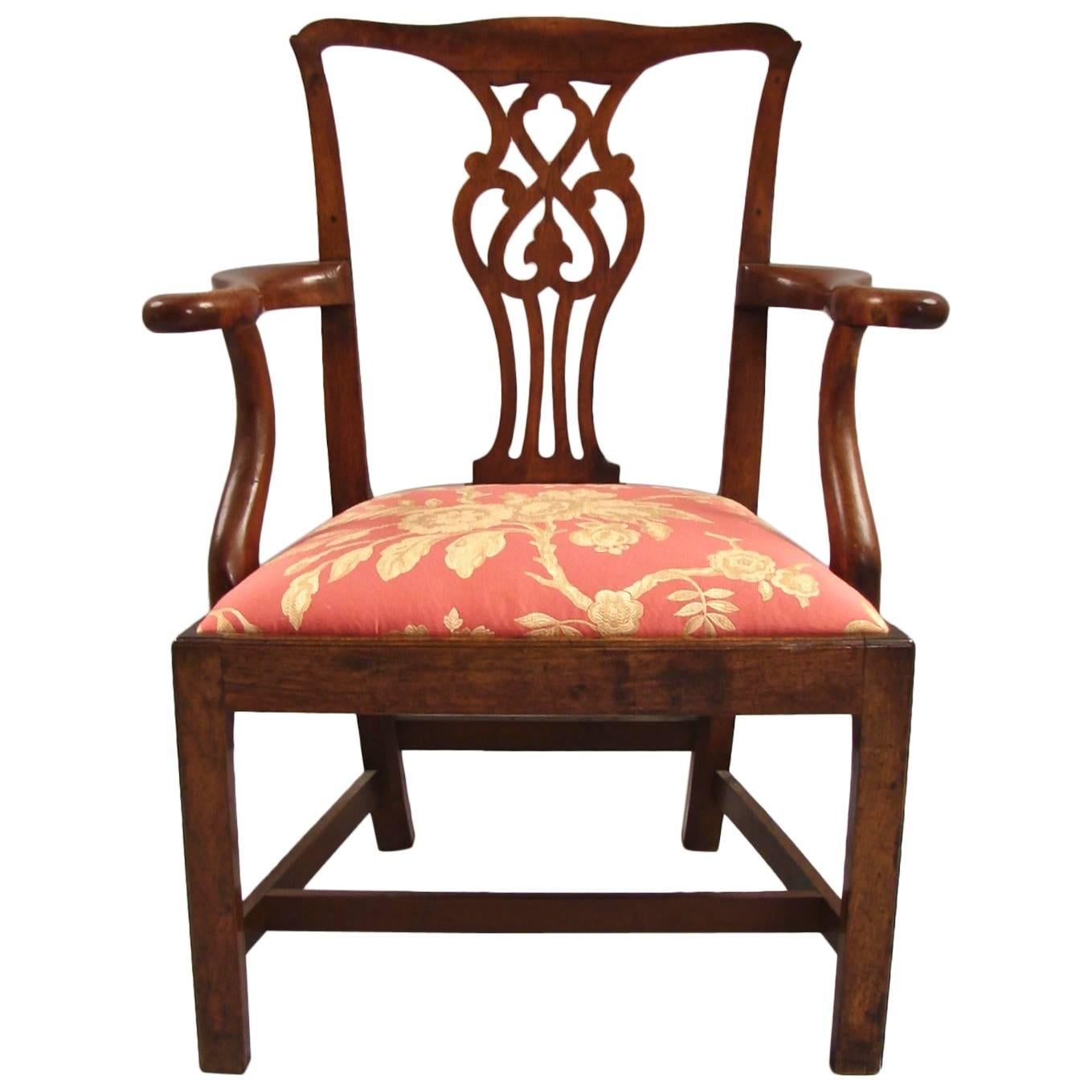 George III Mahogany Armchair with Damask Upholstered Seat