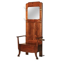 Antique Stickley School Arts & Crafts Oak Hall Seat with Mirror & Hook c1920