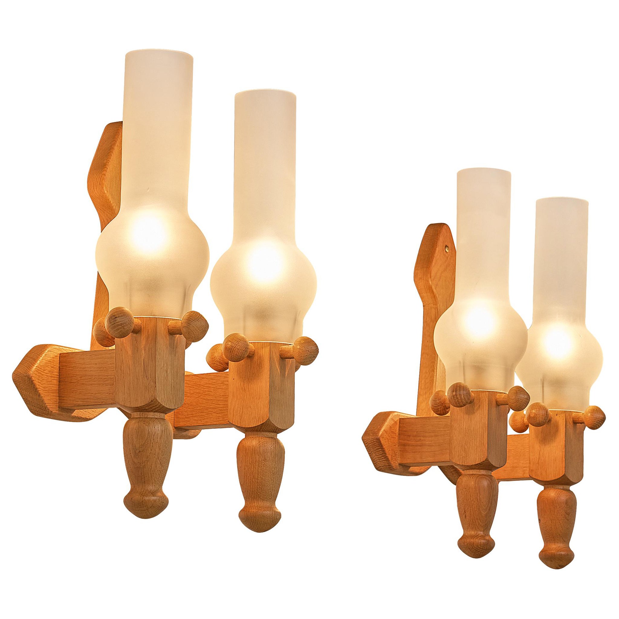 Guillerme & Chambron Pair of Wall Lights in Oak and Glass For Sale