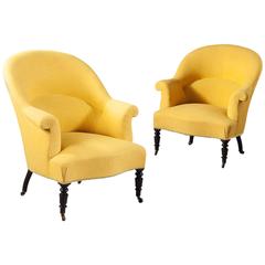 Pair of French Antique Yellow and Black Bergeres Tub Armchairs 19th century