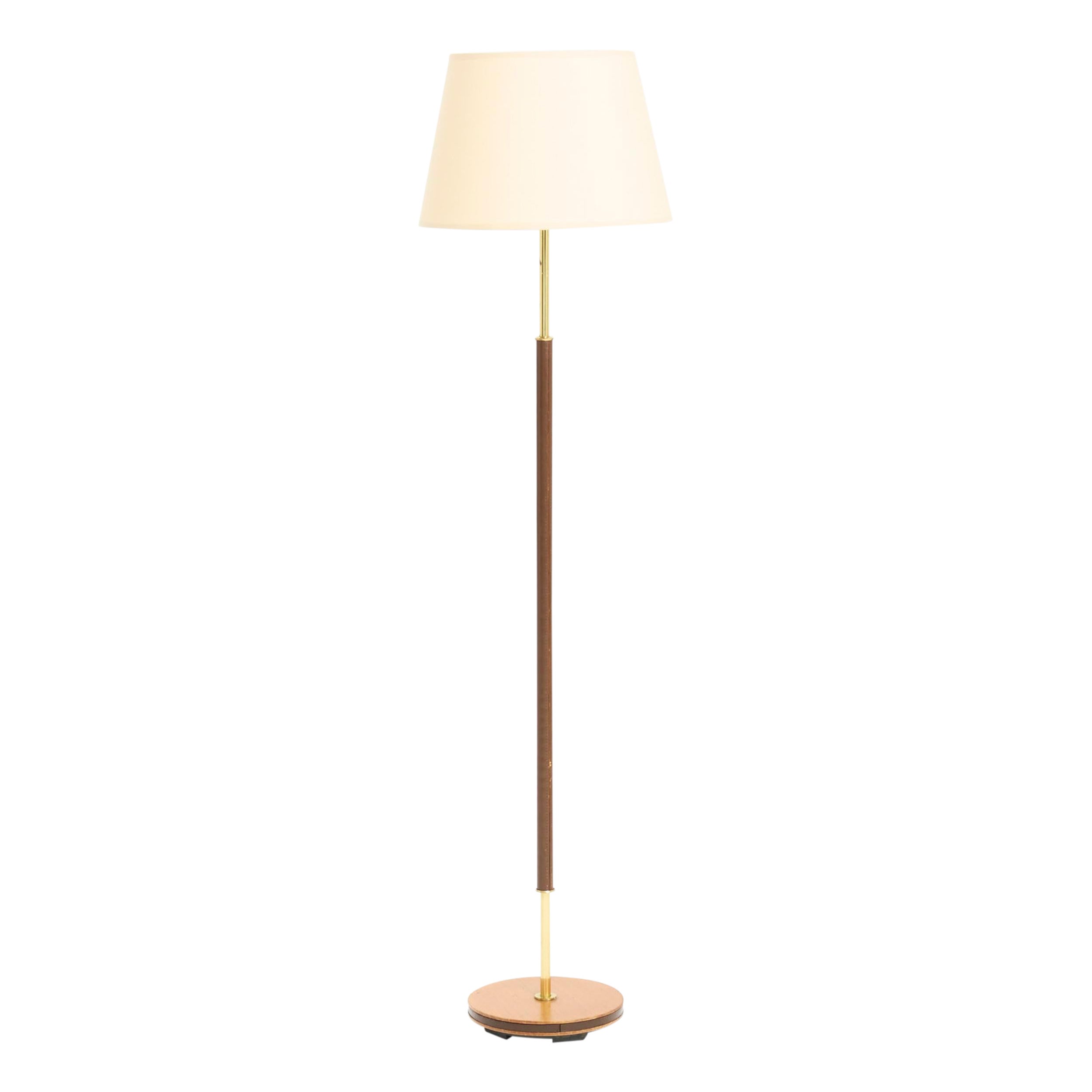 Mid-Century Brown Leather and Brass  Floor Lamp
