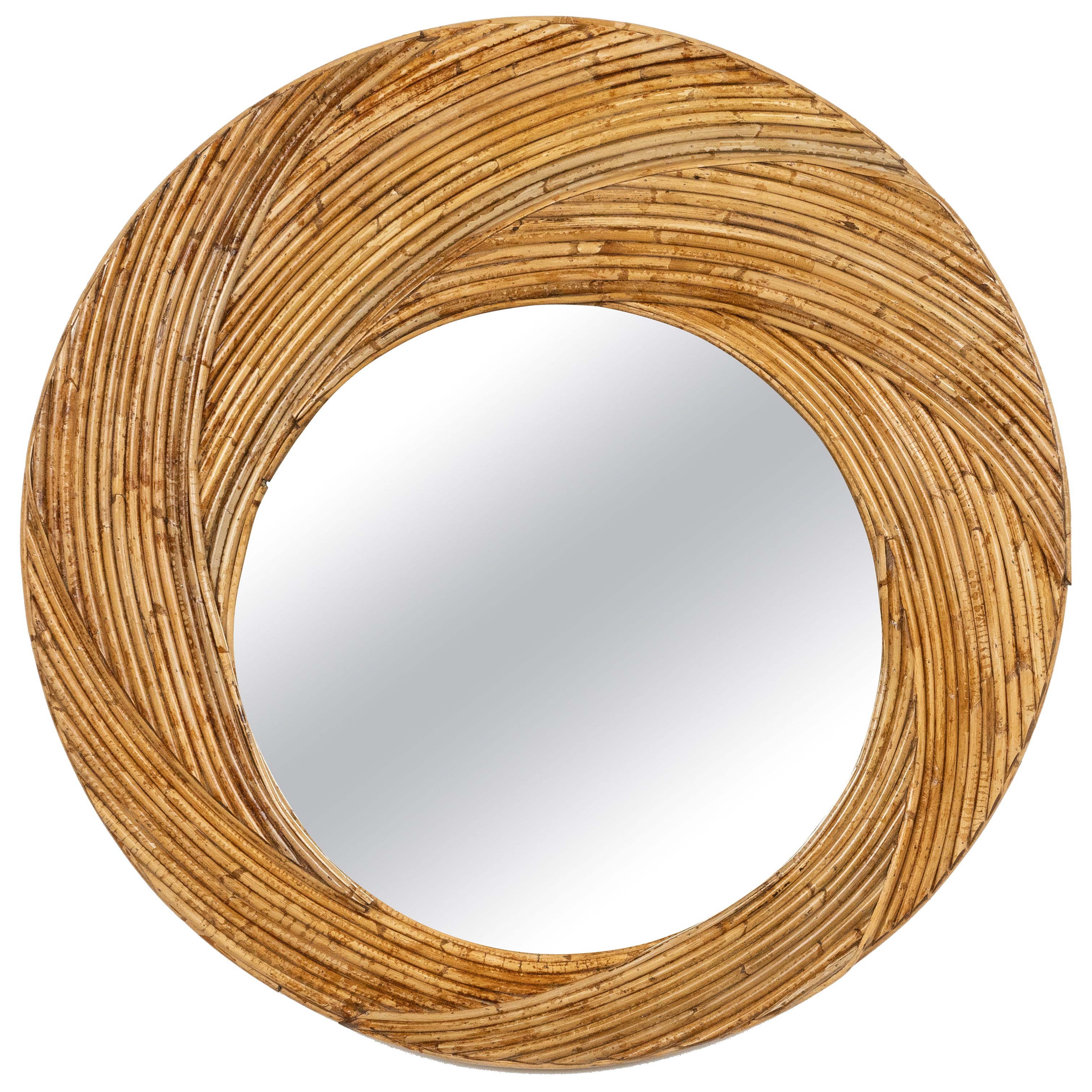 Midcentury Rattan and Bamboo Round Wall Mirror by Vivai Del Sud, Italy 1970s