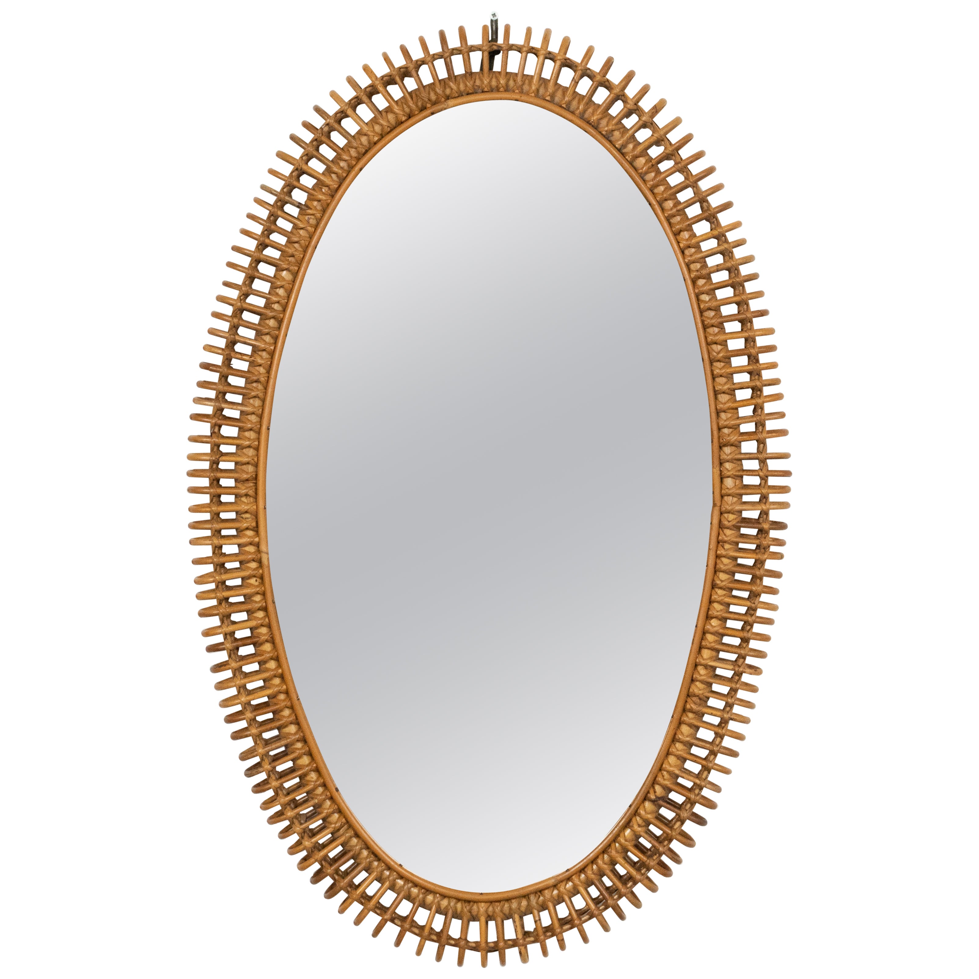 Midcentury Oval Wall Mirror in Rattan and Bamboo, Italy 1960s