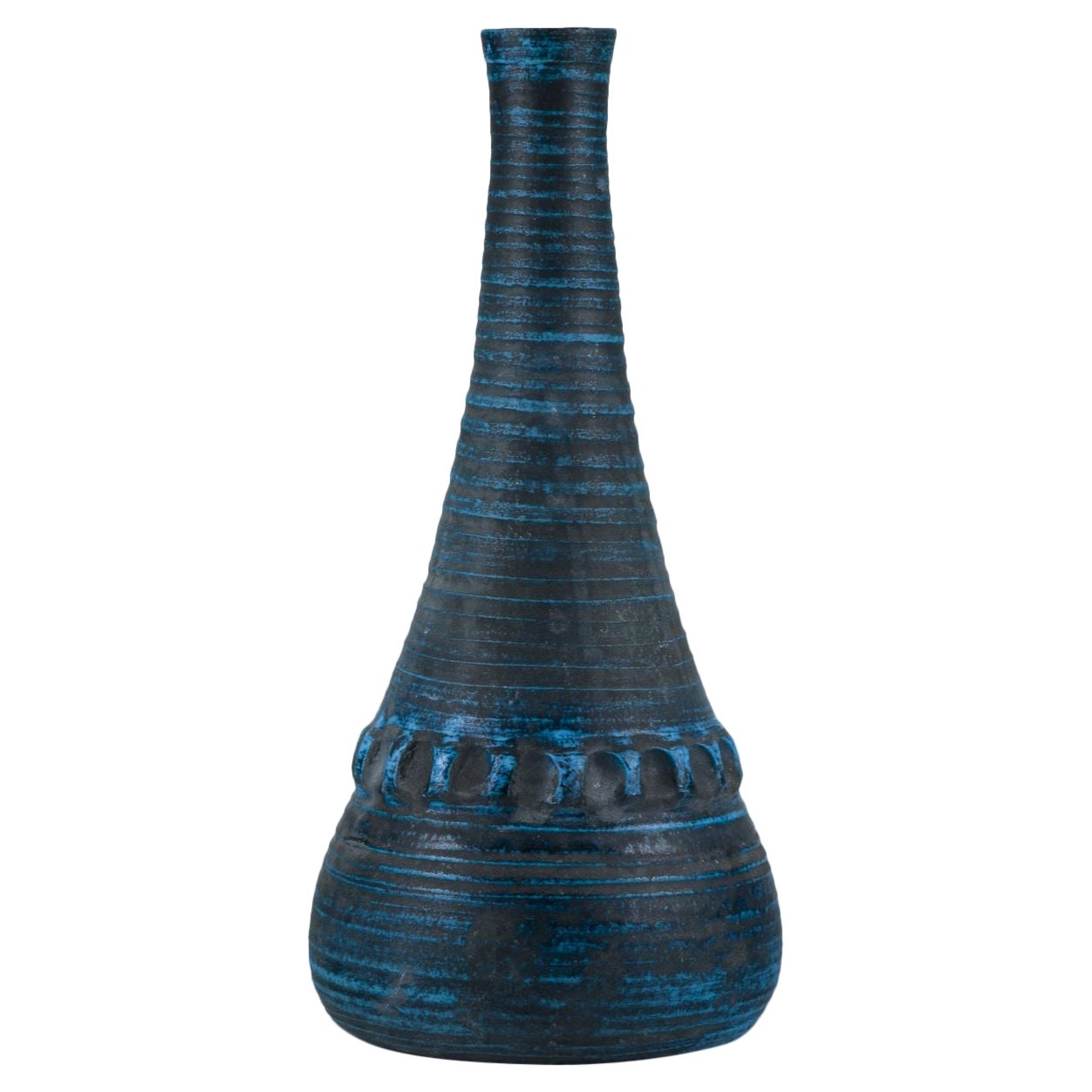 French ceramicist. Unique ceramic floor vase. Modernist style. Azure glaze.