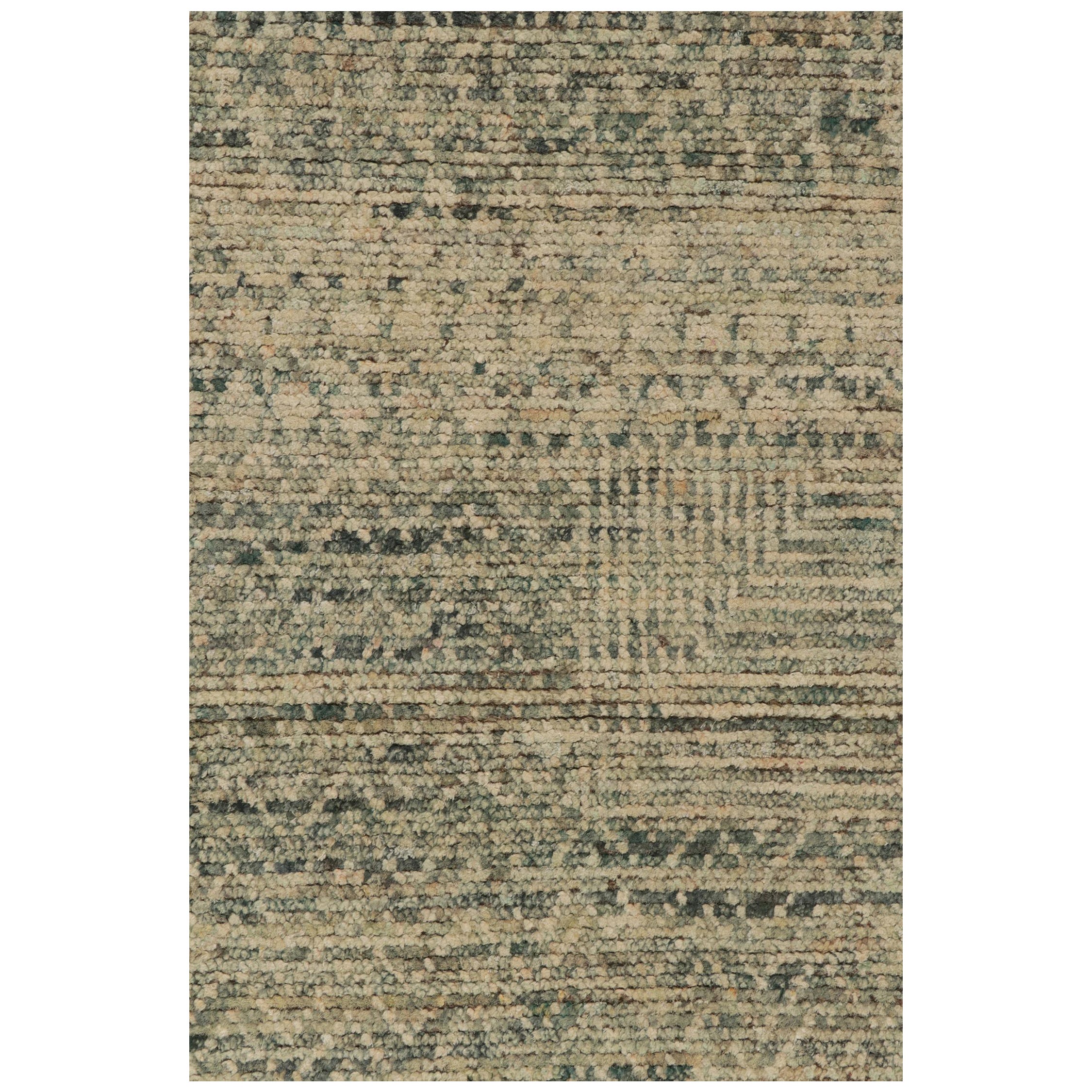 Hand knotted in luxurious quality silk, a bold 8 x 10 contemporary rug with exceptional textural element and visual depth. This particular modern design displays a series of squared delegations of patterns united by the striae of beige and blue